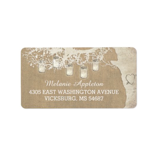 Mason Jar String Lights Rustieke Burlap Tree Etiket (Voorkant)