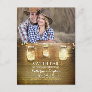Mason Jar String Lights Rustieke foto Save the Dat Aankondigingskaart