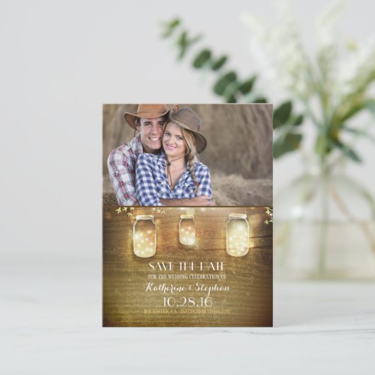 Mason Jar String Lights Rustieke foto Save the Dat Aankondigingskaart (Staand voorkant)