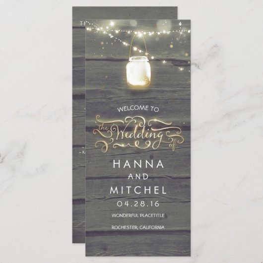 Mason Jar String Lights Rustieke Trouwprogramma's Programmakaart (Voorkant / Achterkant)