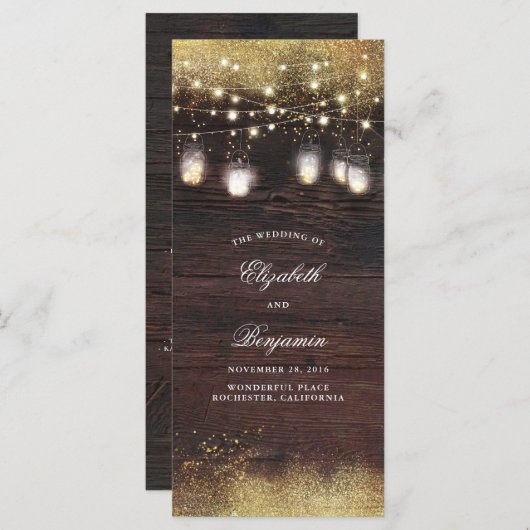 Mason Jar String Lights Rustieke Trouwprogramma's Programmakaart (Voorkant / Achterkant)