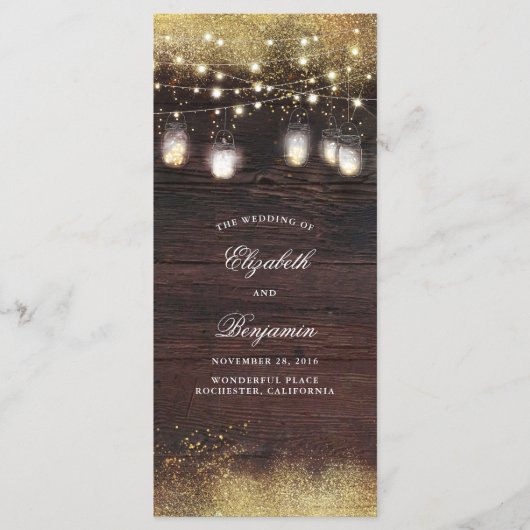 Mason Jar String Lights Rustieke Trouwprogramma's Programmakaart (Voorkant)
