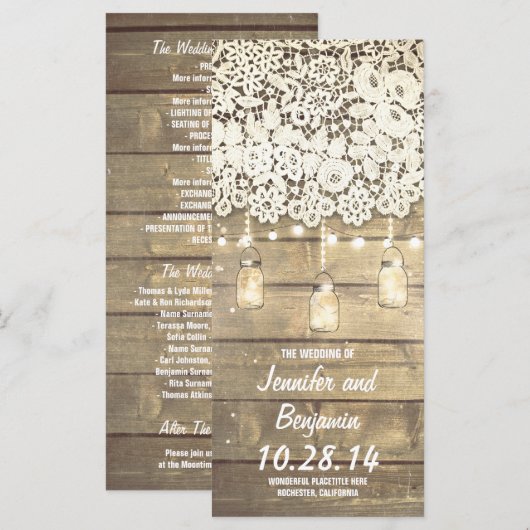 Mason Jar String Lights Rustieke Trouwprogramma's Programmakaart (Voorkant / Achterkant)