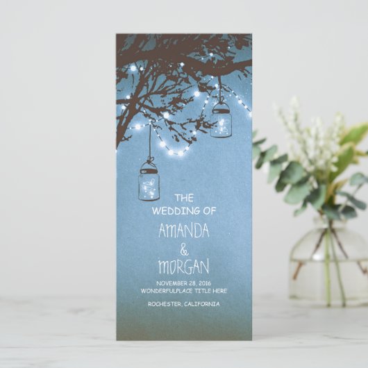 Mason Jar String Lights Tree Blue Trouwprogramma's Programmakaart (Staand voorkant)