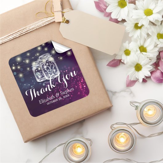 Mason Jar & String Lights Wedding Favor Dank je Vierkante Sticker
