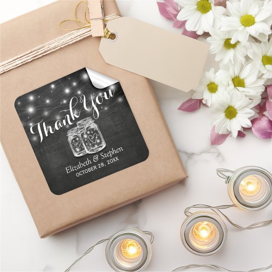 Mason Jar & String Lights Wedding Favor Dank je Vierkante Sticker