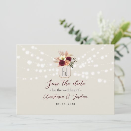 Mason Jar String Lights Wedding Save The Date (Staand voorkant)