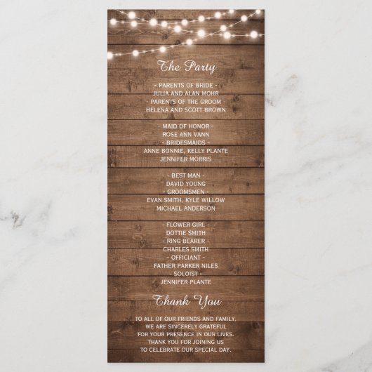 Mason Jar String Lights Wood Fall Wedding Program Programmakaart (Achterkant)