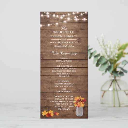 Mason Jar String Lights Wood Fall Wedding Program Programmakaart (Staand voorkant)