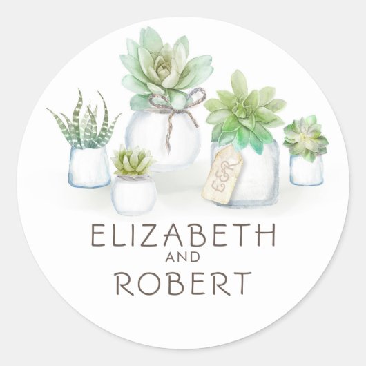 Mason Jar Succulenten Rustiek Land Bruiloft Ronde Sticker (Voorkant)
