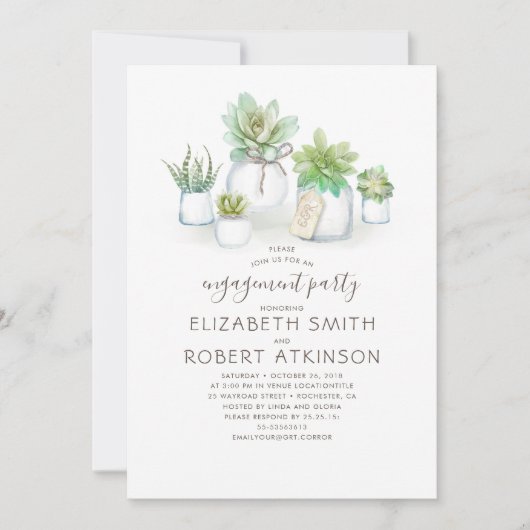 Mason Jar Succulenten Rustiek Verlovingsfeest Kaart (Voorkant)