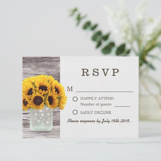 Mason Jar Sunflower Barn Wood Weddenschap RSVP (Staand voorkant)