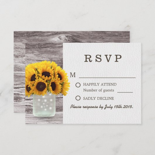 Mason Jar Sunflower Barn Wood Weddenschap RSVP (Voorkant / Achterkant)