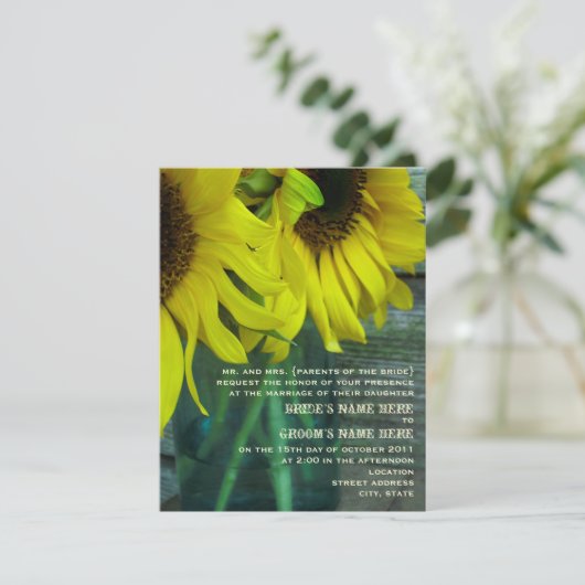 Mason Jar Sunflower Barnwood Fall Wedding Kaart (Staand voorkant)
