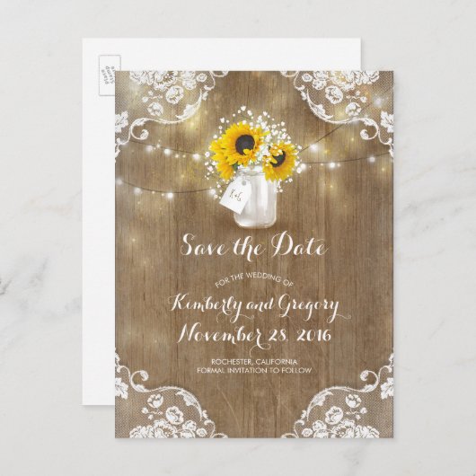Mason Jar Sunflower Bouquet Rustic Save the Date Aankondigingskaart (Voorkant / Achterkant)