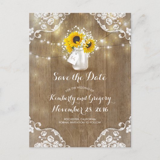 Mason Jar Sunflower Bouquet Rustic Save the Date Aankondigingskaart (Voorkant)
