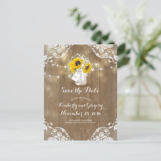 Mason Jar Sunflower Bouquet Rustic Save the Date Aankondigingskaart (Staand voorkant)