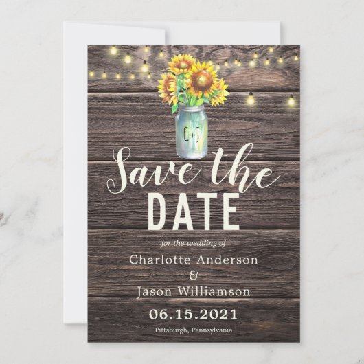 Mason Jar Sunflower Bouquet Rustic Save the Date Kaart (Voorkant)