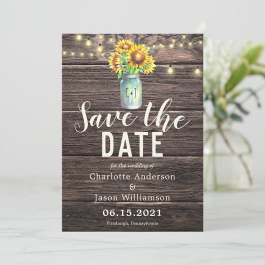 Mason Jar Sunflower Bouquet Rustic Save the Date Kaart (Staand voorkant)