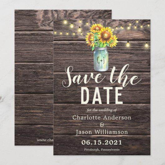 Mason Jar Sunflower Bouquet Rustic Save the Date Kaart (Voorkant / Achterkant)