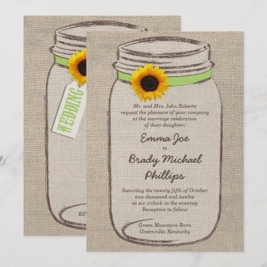 Mason Jar & Sunflower Wedding Invitation - Groen Kaart (Voorkant / Achterkant)