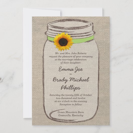 Mason Jar & Sunflower Wedding Invitation - Groen Kaart (Voorkant)