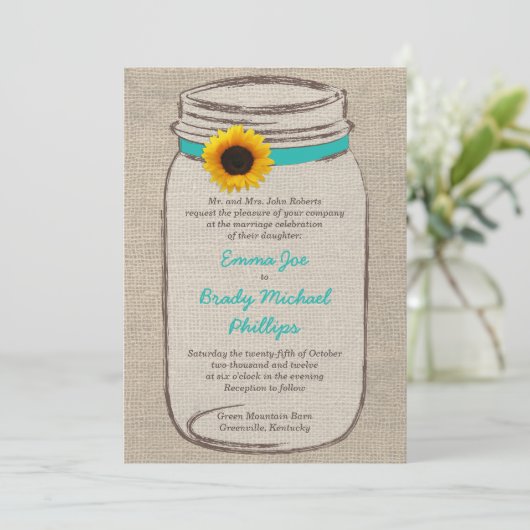 Mason Jar & Sunflower Wedding Uitnodiging (Staand voorkant)