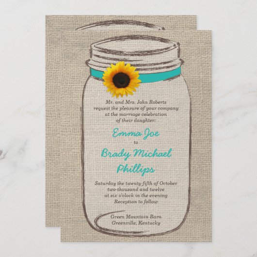 Mason Jar & Sunflower Wedding Uitnodiging (Voorkant / Achterkant)