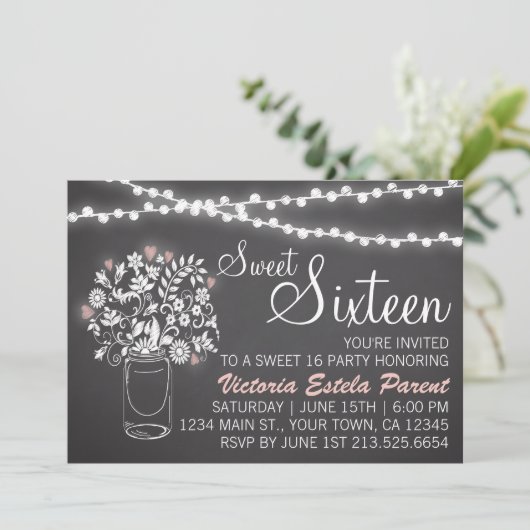 Mason Jar Sweet 16 uitnodiging (Staand voorkant)