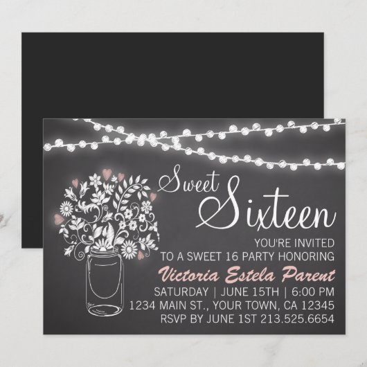 Mason Jar Sweet 16 uitnodiging (Voorkant / Achterkant)