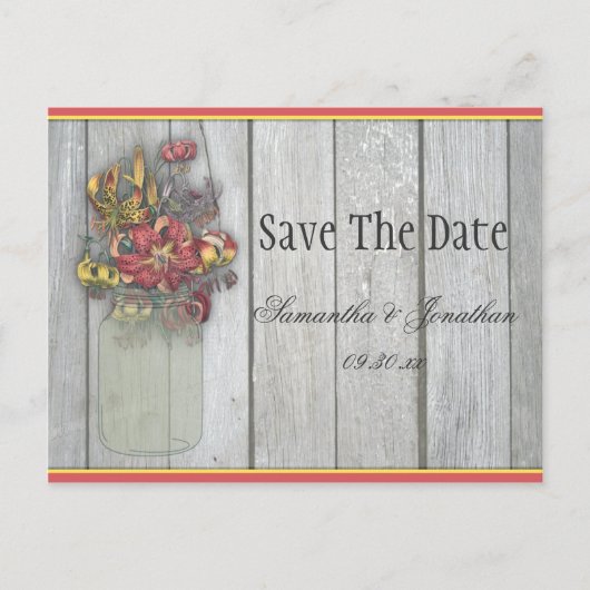 Mason Jar Tiger Lelies Barn Wood Save the Date Aankondigingskaart (Voorkant)