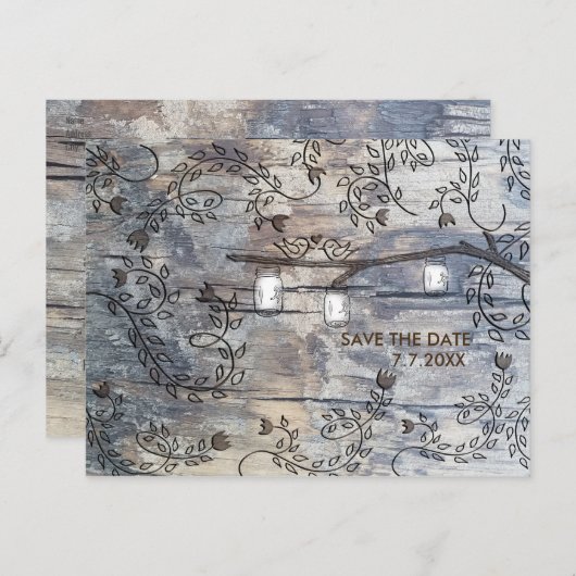 Mason Jar & Tortelduifjes Rustic Branch Save the D Aankondigingskaart (Voorkant / Achterkant)
