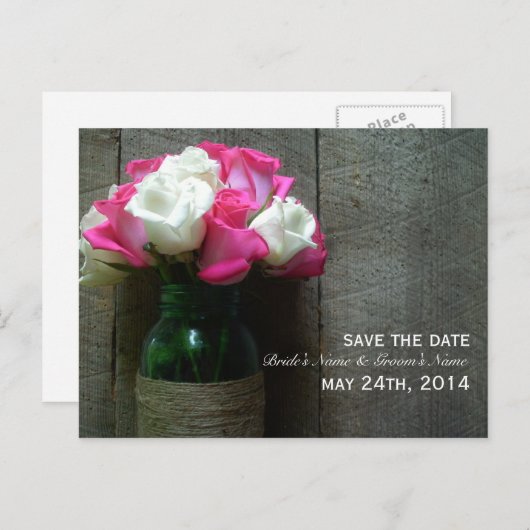 Mason Jar van Rozen & Barnwood Bewaar de datum Aankondigingskaart (Voorkant / Achterkant)