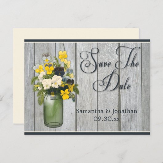 Mason Jar Violas Pansies Schuur Hout Bewaar de dat Aankondigingskaart (Voorkant / Achterkant)