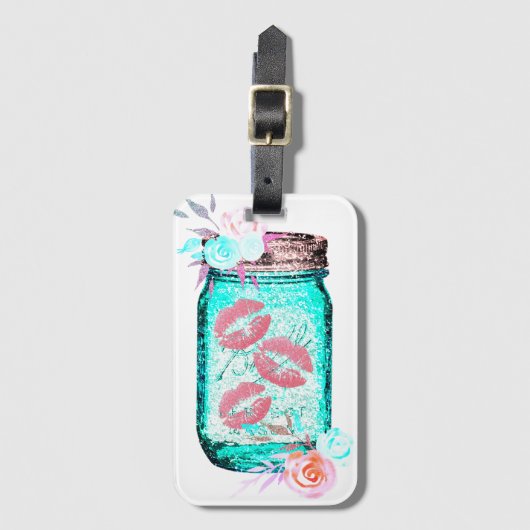 Mason jar vlinder kus bloemenroze blauwgroen bagagelabel (Voorkant (verticaal))