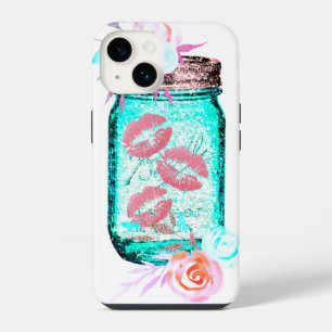 Mason jar vlinder kus bloemenroze blauwgroen grijs iPhone 14 hoesje