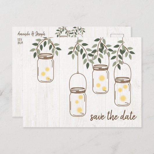 Mason Jar & Vuurtjes Rustieke Bruiloft Aankondigingskaart (Voorkant / Achterkant)