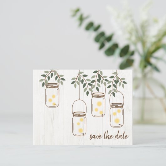 Mason Jar & Vuurtjes Rustieke Bruiloft Aankondigingskaart (Staand voorkant)