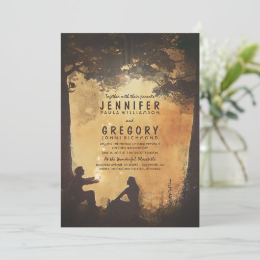 Mason Jar Vuurvliegjes Rustieke Trouw Uitnodiginge Kaart (Staand voorkant)