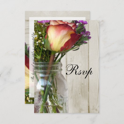 Mason Jar w/Roos en wilde bloemen RSVP Kaartje (Voorkant / Achterkant)