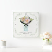  Mason Jar w Roos Flowers n Fern Leaf Swirl Vierkante Klok (Huis)