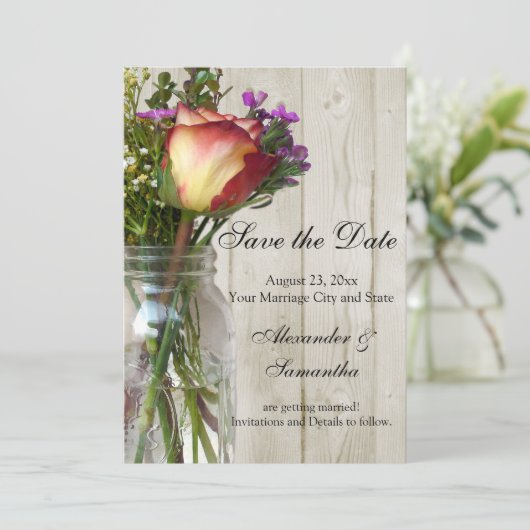 Mason Jar w/Roos/Wildflower Save the Date (Staand voorkant)
