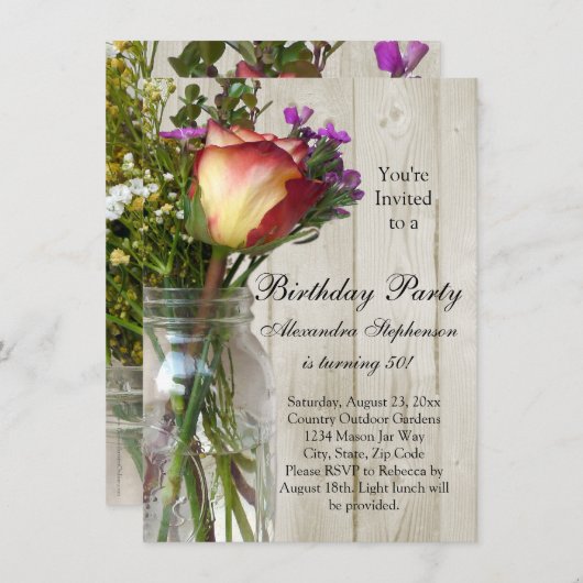 Mason Jar w/Roos/Wildflower Verjaardagsfeest Kaart (Voorkant / Achterkant)