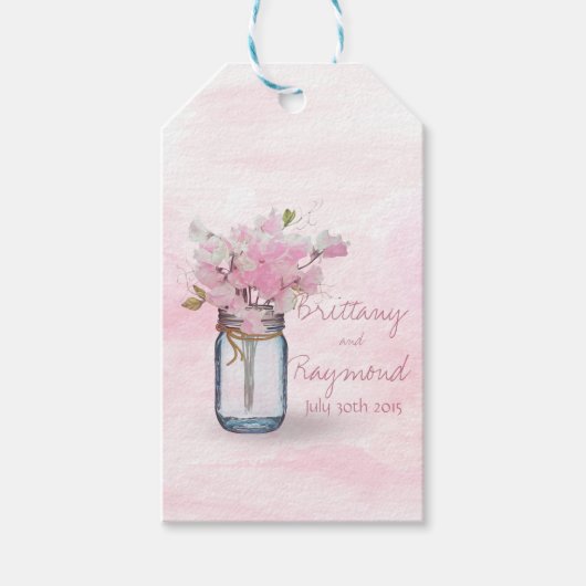 MASON JAR WATERVERF PINK SWEET PEAS CADEAULABEL (Voorkant)