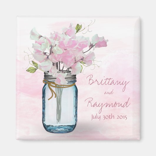 MASON JAR WATERVERF PINK SWEET PEAS MAGNEET (Voorkant)