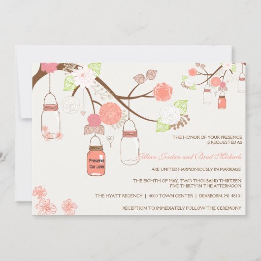 Mason Jar Wedding Invitation - Koraal, Limoen, wit Kaart (Voorkant)