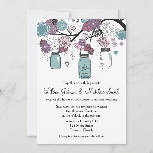 Mason Jar Wedding Invitation - Paarse en blauw Kaart (Voorkant)