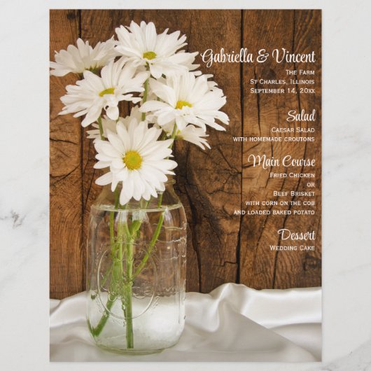 Mason Jar White Daisies Country Barn Wedding Menu (Voorkant)