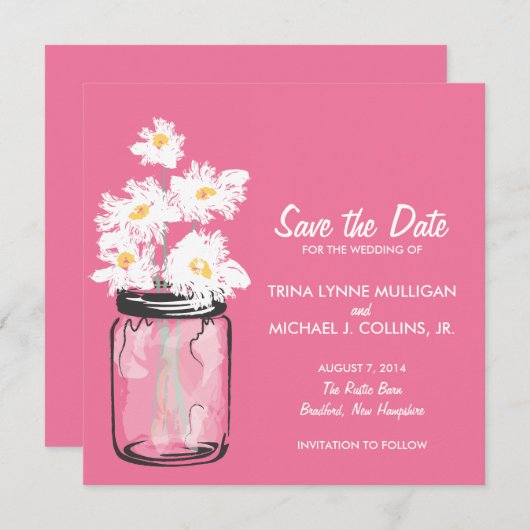Mason Jar & White Daisies Save the Date (Voorkant / Achterkant)