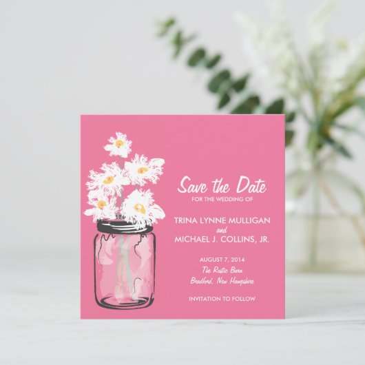 Mason Jar & White Daisies Save the Date (Staand voorkant)